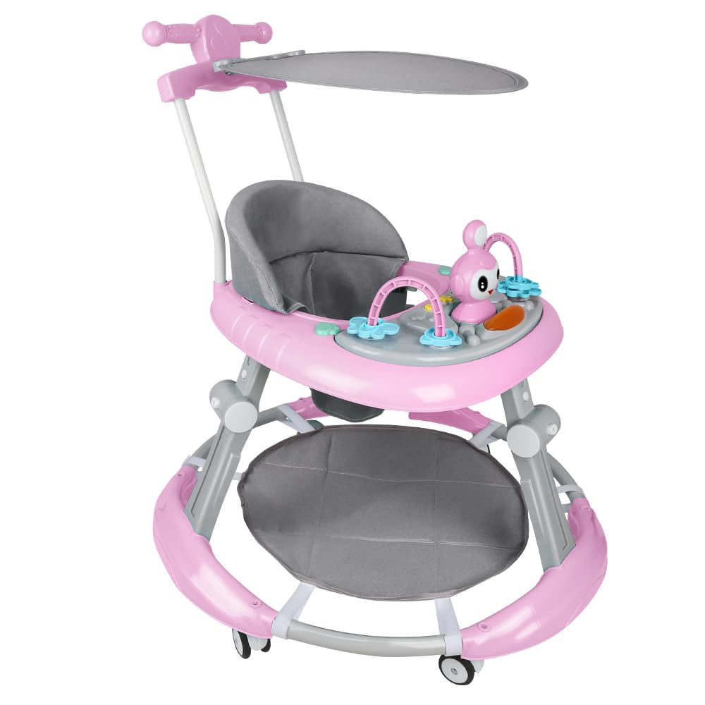 Girello pieghevole per neonati da 6 a 18 mesi, girello per bambini ragazzi e ragazze, barra di spinta alta + cappotta girevole a 360° + musica, 67 x 67 x 79 cm, rosa