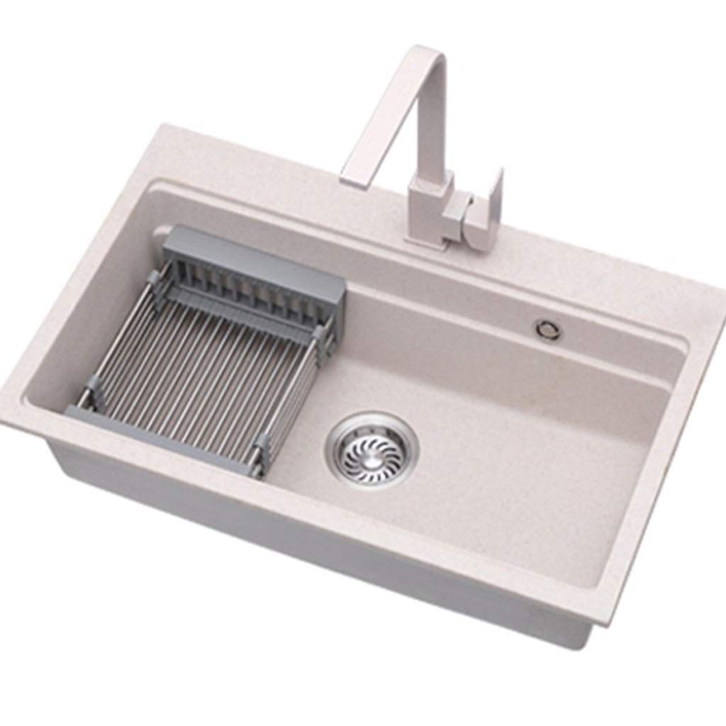 ZQFHSX Kitchen Fixtures Square Sink Quartz Stone Oatmeal Single Basin Household Dishwashing Pot 360° Rotating Faucet (Color : Oatmeal, Size 62 * 46cm)