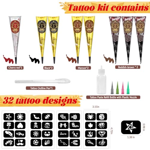 InkForge 8PCS Tattoo Cones Temporary Tattoo Kit, 4 Colors (3 Brown,2 Maroon,2 Black,1Red), Draft Practice Pen with 32 Stencil Designs DIY Body Painting Art for Beginners & Pros, Tattoo Gifts Set for Party