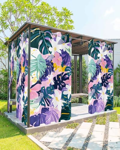Waterproof Outdoor Curtains for Patio Porch, Abstract Tropical Leaves Floral Grommet Curtain Panel Windproof Outside Curtains Tieback, Summer Blossom Floral Weighted Window Treatment Drapes