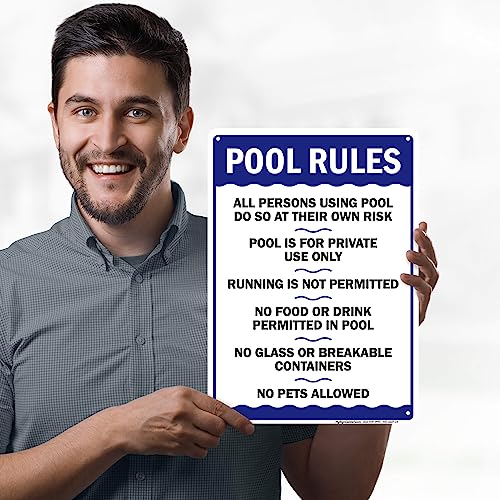 Pool Rules Sign, Swim at Your Own Risk, This is a Private Pool, No Food No Runing, No Glass, No Pets, Pool Sign, 10x14 Inches, Rust Free .040 Aluminum, Fade Resistant, Made in USA by My Sign Center