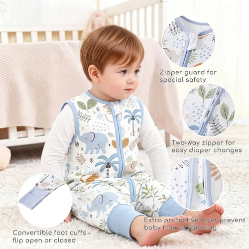 Image of Chilsuessy Toddler Sleep Sack with Feet 4-5 T, 1.0 TOG Cotton Baby Wearable Blanket with Legs, Sleep Bag Walker with 2-Way Zipper, Blue Animals