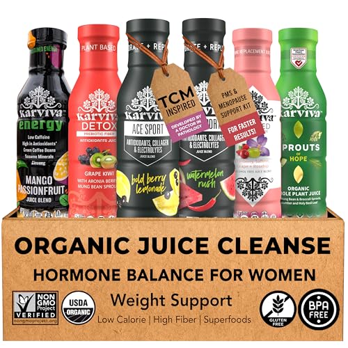 Karviva Juice Cleanse For Women's Health & Hormonal Balance | Ancient Remedies For Weight Control, Energy Boost, Skin Health | Detox, Energy, Collagen Boost, and Destress | TCM-Inspired Relief | Non-GMO, 6 BPA-Free Bottles