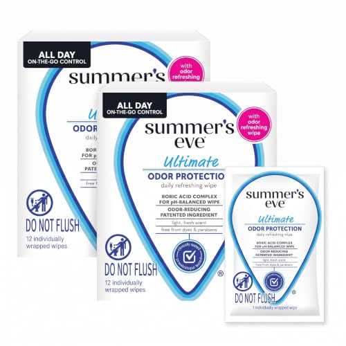 Summer's Eve Ultimate Odor Protection Daily Feminine Wipes, Gentle pH-Balanced Formula with Boric Acid Cleanses &amp; Removes Vaginal Odor, Individually Wrapped Body Wipes, 12 Count (Pack of 2)
