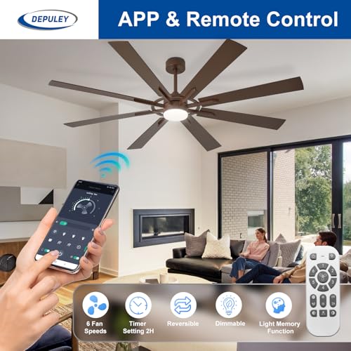 Image of Depuley 72-Inch Ceiling Fan with Light: Modern 8-Blade Brown Indoor Outdoor Fans with Remote App Control Dimmable Light - Ultra Quiet DC Motor Reversible 6 Speed Timer