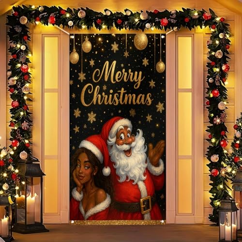 Image of BlissYard Christmas Door Cover Santa Ornaments 35x71 Inch Polyester