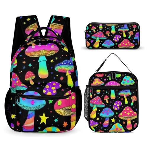 Backpack Bookbag Set Goth Gothic Magic Hippie Trippy Mushrooms (1) Backpack with Lunch Bags and Makeup Bag Shoulder Bag with Lunch Box Storage Bags