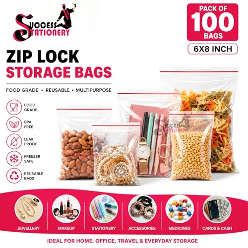 Image of Success Stationery Zip Lock Bags 6 inchx8 inch 100 Pcs - Reusable Transparent Ziplock Pouch for Clothes, Fridge Food Storage, Snacks & Travel Packing - Thick Resealable Zipper Cover
