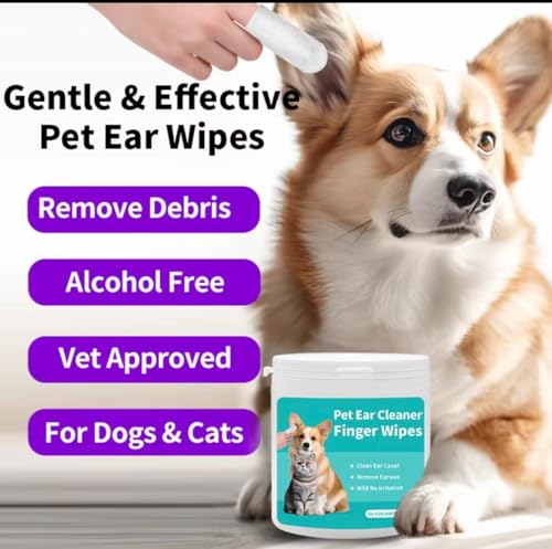 Image of Pet Ear Cleaner Finger Wipes for Dogs & Cats | Removes Ear Wax, Dirt & Mites | Anti-Odor, Gentle & Safe Formula | Easy Finger Sleeve Cleaning | 50 Disposable Wipes for Daily Ear Hygiene