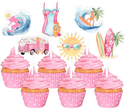24 Cupcake toppers surf pour décoration d'anniversaire fille thème plage