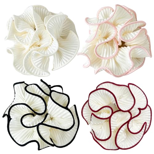 Qigfucm 4 Pack Oversized Puffy Hair Scrunchies 4.72 Inch Double Layer Pleated Ruffle Design White with Colored Trim Extra Large Hair Ties for Buns Ponytail Holders for Voluminous Look