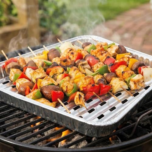 Chef Aid Aluminium Grill Schalen Set mit 10 kleinen Grill Schalen 10x14 und 14x21 cm Perforiert für gleichmäßige Hitzeverteilung für Fleisch Fisch Gemüse und Beilagen