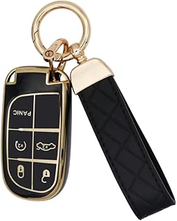 SUNCARACCL for Jeep Key Fob Cover with Leather Keychain, Soft TPU Full Cover Protection Key Case for Grand Cherokee Renegade Chrysler 200 300 Dodge RAM Durango Challenger Journey Smart Key(Black)