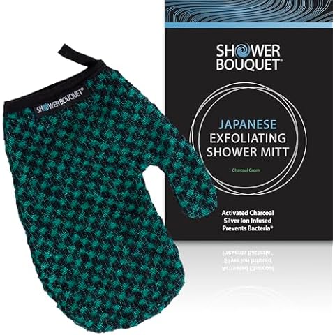 Japanese Exfoliating Mitt for Shower [Green] - Charcoal & Silver Ion Exfoliating Glove - Gentle Exfoliation & Deep Cleansing Shower Mitt - Exfoliating Body Scrubber Glove, Soft Fabric Inside Cover