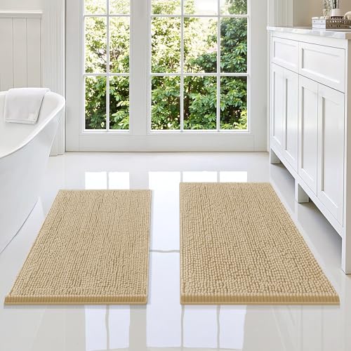 Image of Smiry Bathroom Rugs Sets 2 Piece, Soft Absorbent Chenille Machine Washable Non Slip Shaggy Bath Rug Set for Tub, Shower, and Floor (34x21+30x20, Beige)