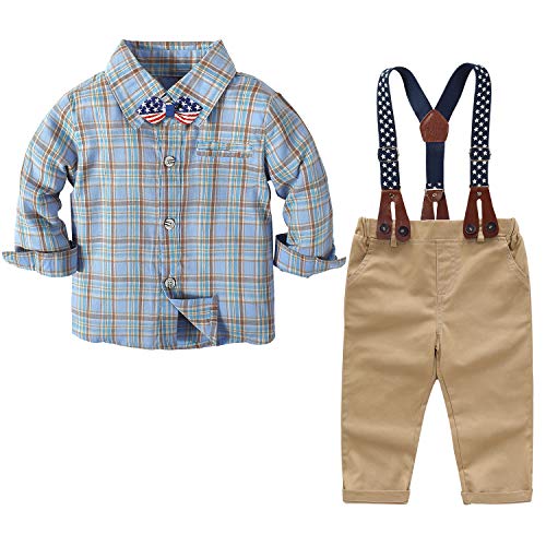 Baby Boy Outfit Wedding Formal Wear Baby Boys Plaid Shirt +Bowtie +Suspenders +Trousers 4Pcs Set Suit Sets Blue