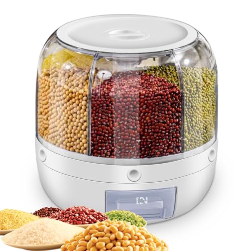 Transparent Food Dispenser Rotating Grain Dispenser 6 Grids Classified Storage Rice Dispenser One Button Lentil Storage and Dispenser with Removable Cover (5kg)