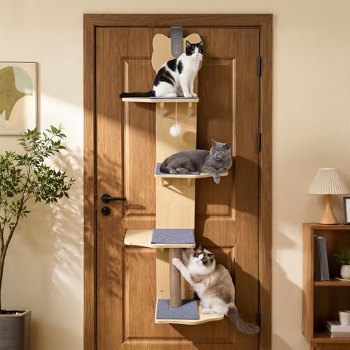 Newuzis Cat Shelf 4-Level Over The Door Wooden Cat Tree Sisal Wrapped Cat Climber Easy Install Space Saving for Indoor Small Home Apartment (L: 35cm/13.78 W: 25cm/9.84 H: 150cm/59.06)