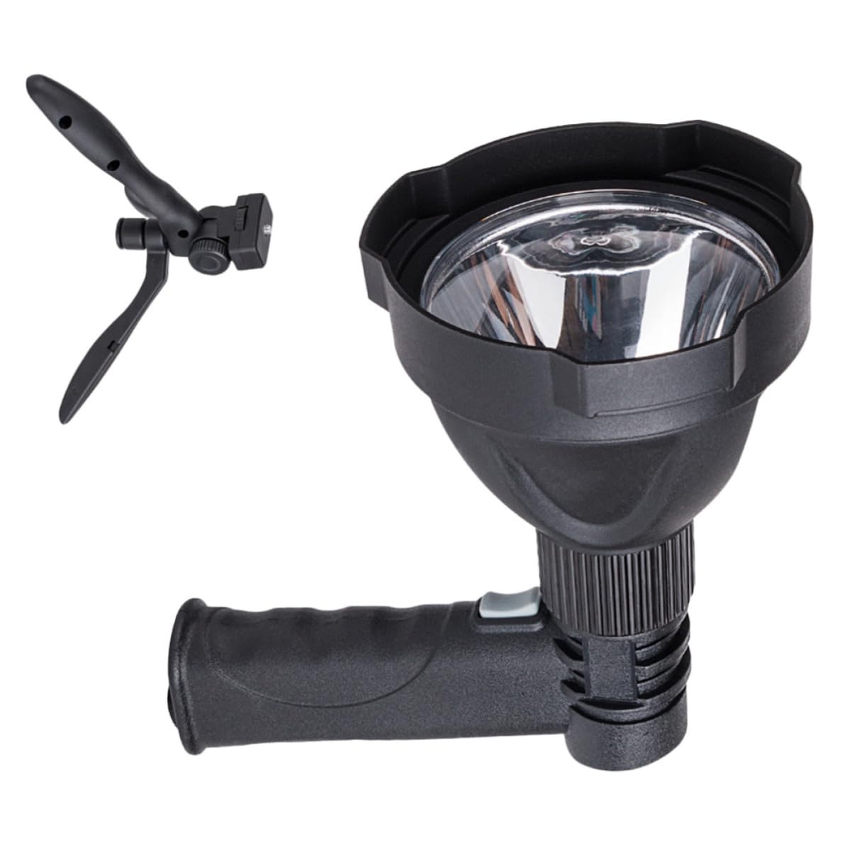 Torcia LED Spot Ricaricabile 4000 Mah Nera per Campeggio | Pvc, Interfaccia USB e Funzione Power Bank, Supporto Triangolare Incluso, Uso Caccia e Outdoor