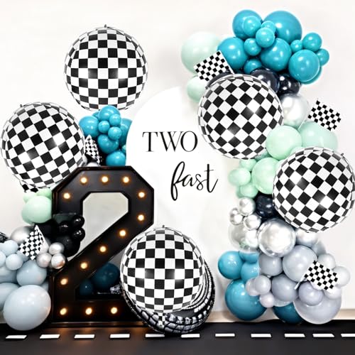 Image of 6 Pcs 4D Checkered Balloons, 22 Inch Sphere Checkered Foil Balloons, Black and White Checkerboard Mylar Round Balloons for Race Car Birthday Party Decorations Supplies