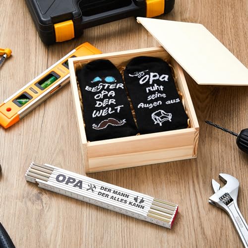 SATINIOR Opa Zollstock Geschenk Set 2 Meter Holz Zollstock mit Gravur Kreativer Gliedermaßstab Lustige Baumwolle Socken 36-42 Bester Opa Geburtstagsgeschenk für Männer Großvater Weihnachten