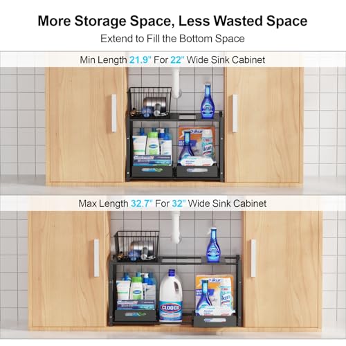 iSPECLE Under Bathroom Sink Organizer - 2 Tier Expandable Under Sink Organizer Add Extra Space and Easy Access, Under Sink Shelf for 22" to 32" Wide Sink Cabinet, Not Include Basket - Image 5