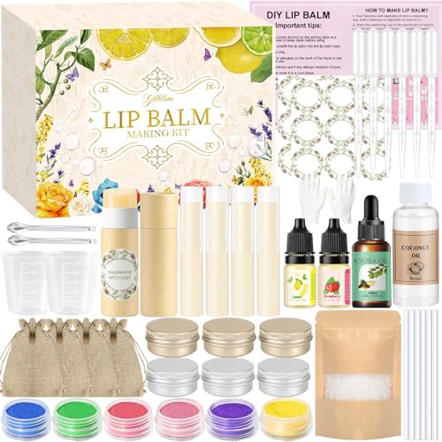 Gdblsm Lip Balm Making Kit- DIY Lip Balm Kit for Women Make Your Own Moisturizing Lip Balms Craft Kits with Coconut Oil Beeswax Jojoba oil Lip Gloss Set Lip Care Christmas Gift for Girls & Women