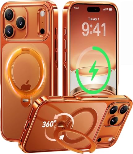 CASEKOO Glossy 360 Spin Magnetic Stand for iPhone 17 Pro Max Case [Fit for MagSafe][17FT Military Protection] Slim Hand-Polished Frame Titanium Alloy Sturdy Stand 6.9', Glossy Cosmic Orange