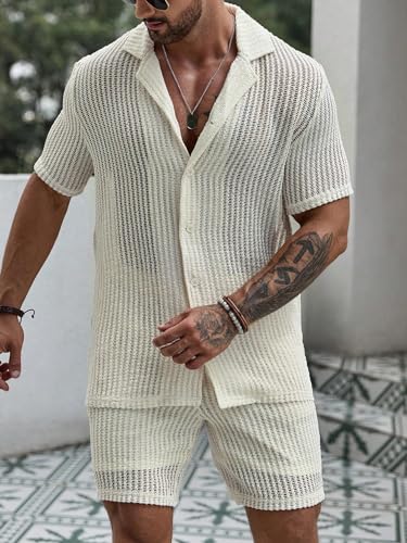 Verdusa Men's 2 Piece Outfit Hollow Out Knit Button Up Shirt and Knit Short Sets4
