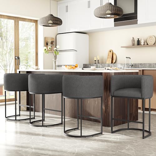 Image of 26 inch H Counter Height Bar Stools Set of 4, Modern Barrel Counter Stools with Backrest and Arms, Linen Fabric Upholstered Accent Barstools for Kitchen Island,Support 450 LBS (Carbon Black)