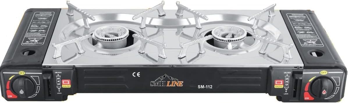 SMH LINE® Doppio fornello da campeggio a gas, set di cartucce a gas, 227 g, valigetta da campeggio, fornello da tavolo, per esterni, 2 fiamme, GPL