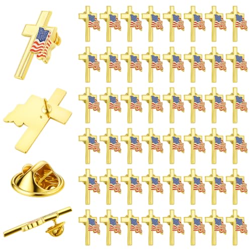 Image of Huquary Patriotic Cross with Waving American Flag Metal USA Flag Lapel Pins for American Patriotic Suits Jackets Hats Backpacks Clothes Decor