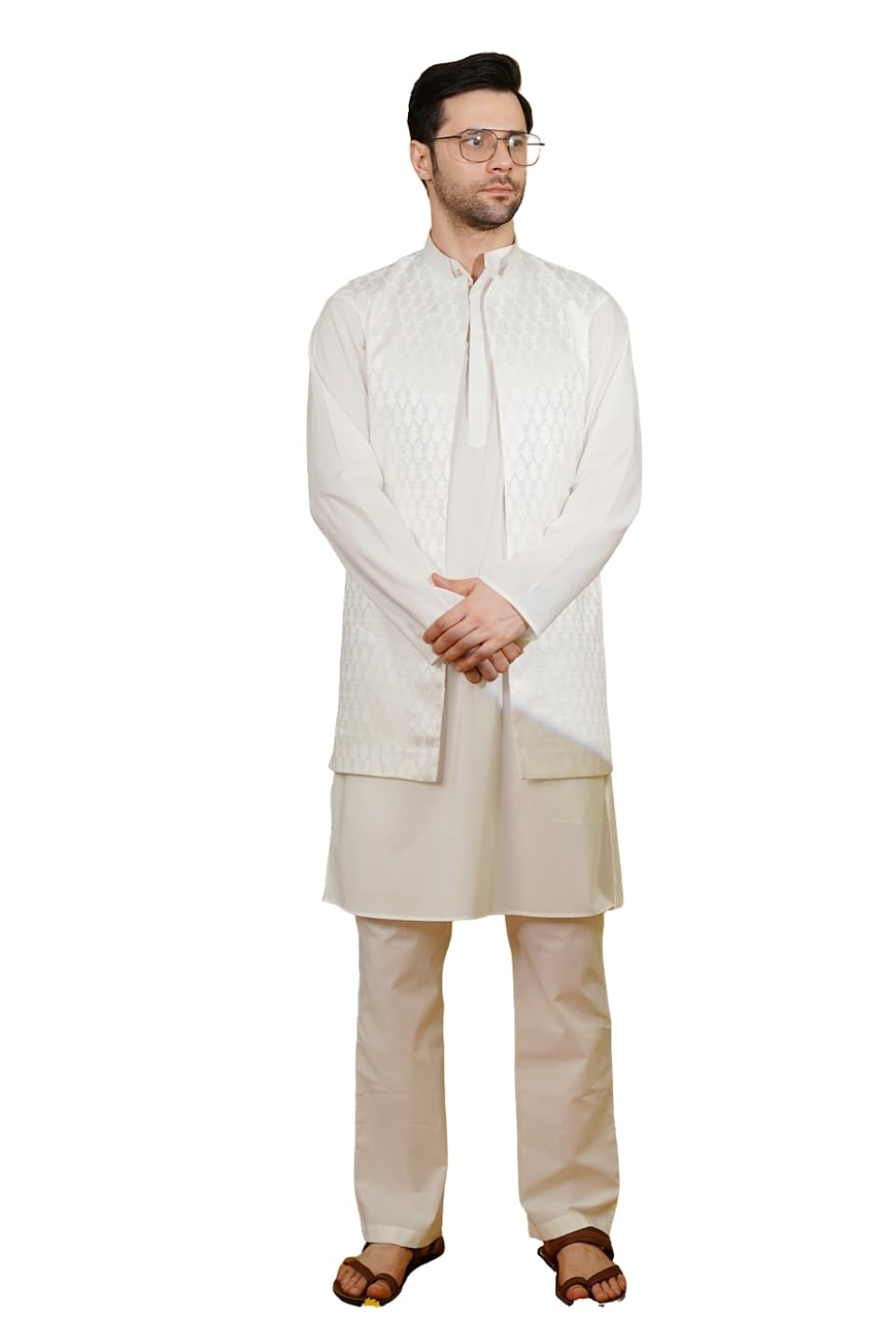 Men's Cotton Blend White Kurta Pyjama with Nehru Jacket : -42:- wtkurta200-image-47