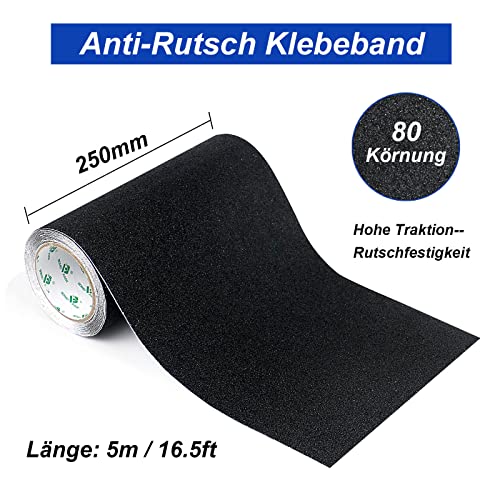BOMEI PACK 250mm x 5m Schwarz Antirutsch Treppe Skateboard Griptape Klebeband, starkes Zugband, rutschfeste Sicherheits-Stufe, rutschfeste Sicherheits-Stufen für drinnen und draußen