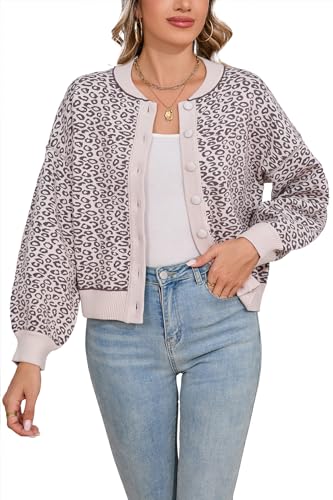 Image of D-Sun Women Leopard Cardigan Sweater Cropped Button Down Long Sleeve Crewneck Sweater Fall Winter Open Front Printed Top