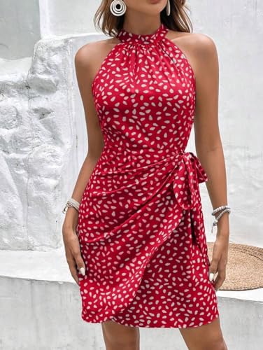 Image of LIGHT DOT Women's Summer Dress Dot Print Halter Neck Tie Waist Casual Zipper Back Sundress Vacation Outfits