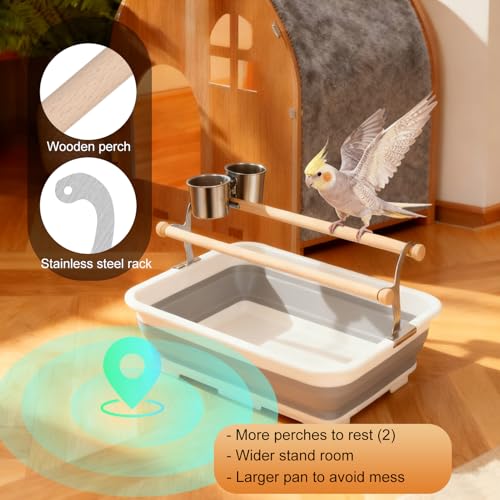 Image of Bird Desktop Shower Perch with Bucket, Training Stand with Collapsible Plastic Tray Two Perches Double Feeder Cups, Table Bath Perches for Small to Medium Sized Parakeet Cockatiel Conure Budgies