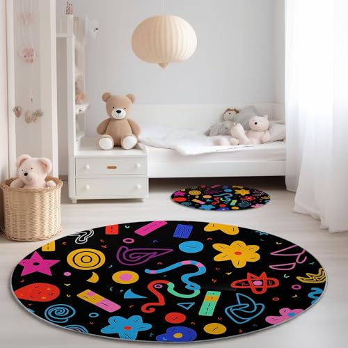 Genérico Alfombra Redonda para Sala de Estar 90 cm, Grafiti Simple Y Colorido Líneas Imprimir Pelo Corto Franela Alfombra Redonda - Negro Antideslizante Lavable Alfombras para Dormitorio