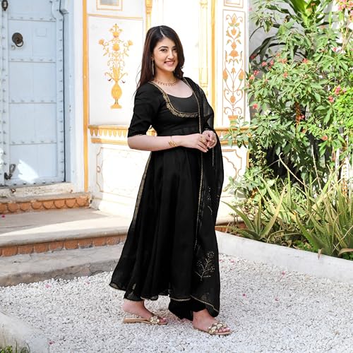 Image of GoSriKi Women's Rayon Viscose Embroidered Anarkali Kurta with Pant & Dupatta