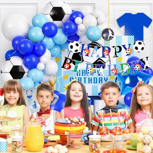 Image of Rozi Decoration Football Theme Birthday Decoration Kit for Boys - 56 Pcs Blue & White Football Balloons Decoration with Happy Birthday Banner, Jersey & Star Foil Balloons for Kids Bday Party