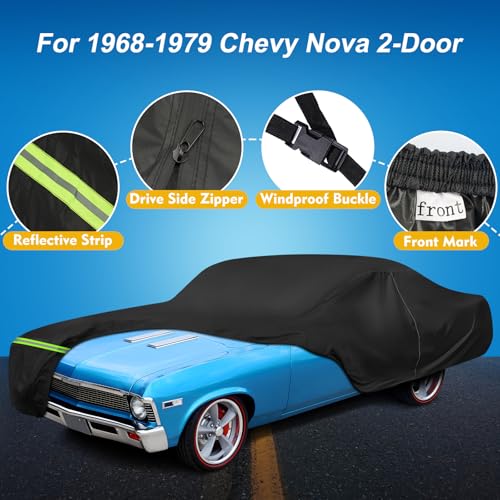 Image of QUNSUNUS Car Cover for Chevy Nova 2-Door 1968-1979 with Cotton Lining | Waterproof Outdoor All-Weather Heavy 420D Oxford Nova Car Covers, with Zipper and Straps, for Dust, Sun, Wind Protection