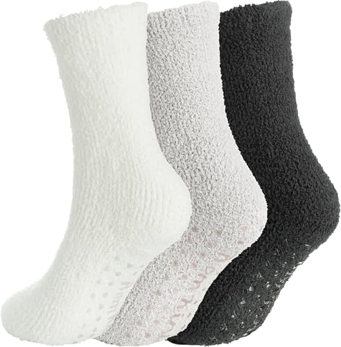 BomKinta Grip Fuzzy Slipper Socks Women - Cozy Warm Hospital Socks with Grips - Non Slip Fleece Sock Gifts Size 5-10 3 Pairs Black White Gray