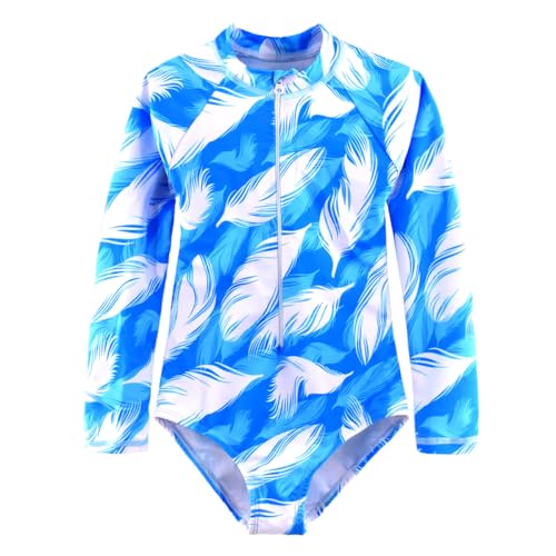 Image of Kids Girls Rash Guard Long Sleeve One Piece Swimsuits Zipper Bathing Suits UPF 50+ Tropical Plant Flowers Ages 3-12