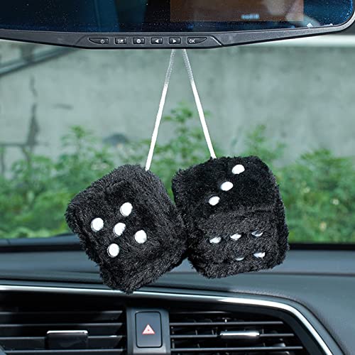 Image of 2.95'' Retro Fuzzy Plush Dice Car Charm Square Rear View Mirror Hanging Ornament Accessories, Black