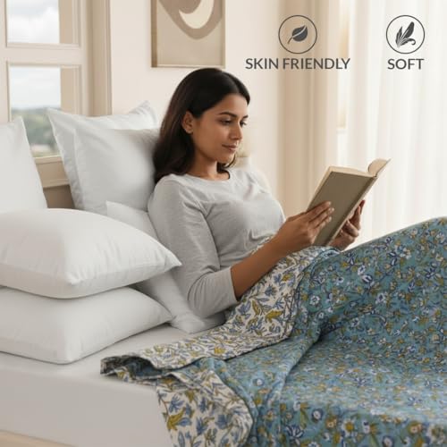 Image of HOMEMONDE 100% Cotton Reversible Dohar Single Bed Size | 300 TC AC Blanket Comforter | Soft Lightweight Bed Blanket Quilt (54 X 84 Inch, Aqua Green & White, Pack Of 1)