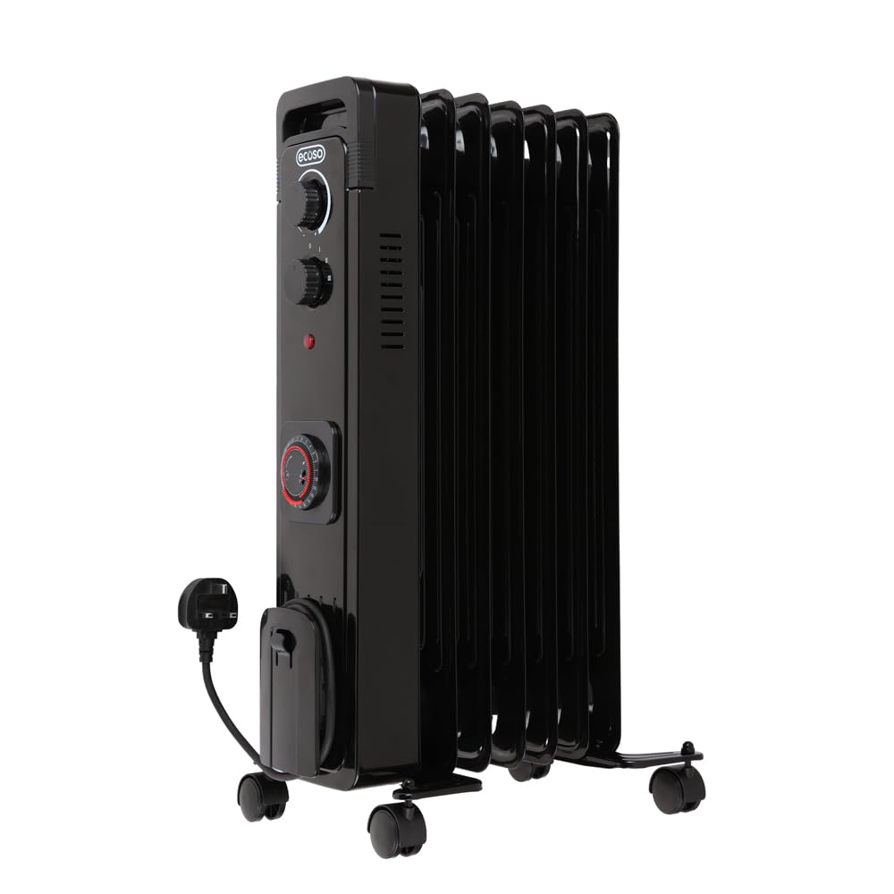 ECOSO Finn 1500W Black UK Plug Oil Filled Electric Radiator - 620mm x 240mm