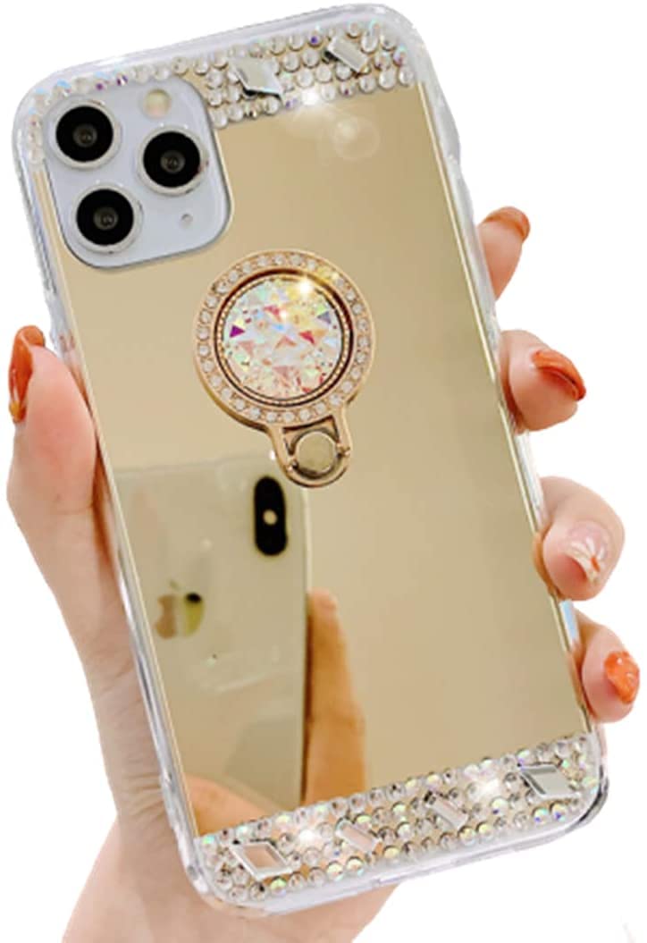 LozeguycCompatible with Galaxy A32 5G Case,Crystal Rhinestone Mirror Glass Case Bling Diamond Soft Rubber Makeup Case for Samsung Galaxy A32 5G with Detachable 360 Degree Ring Stand-Gold