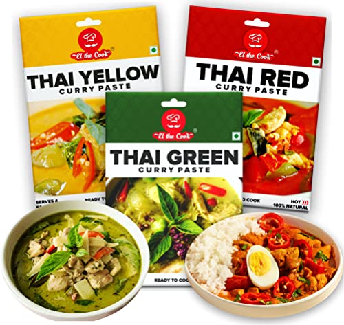 Image of EL The Cook Thai Curry Paste Combo (3 Pack)- Red, Yellow, Green | 100% Veg | Ready to Cook Restaurant Style Chicken, Fish, Prawn, Vegetable, Tofu Thai Curry Fresh at Home | 50g Each Serves 4-5