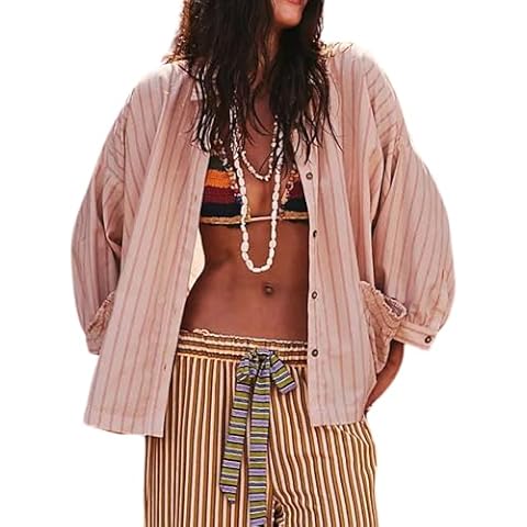 Xiaoxuemeng Womens Striped Button Down Shirts Cotton Long Sleeve Casual Summer Blouses Tops with Pockets(Pink-L) Cover