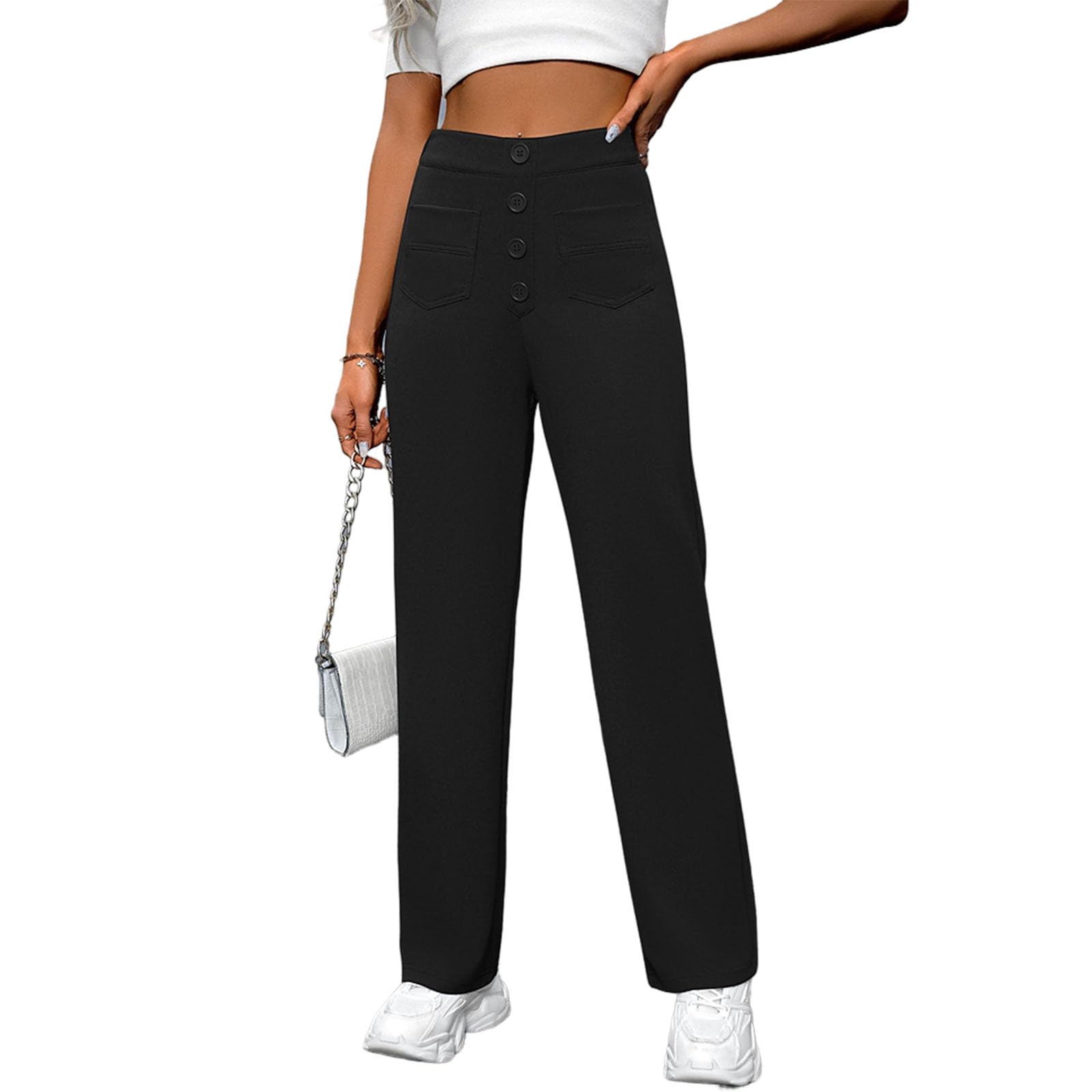 Womens Stretch Straight Pants Casual High Waist Stretch Pants Multiple Pockets Comfortable Straight Leg Casual Pants Black M